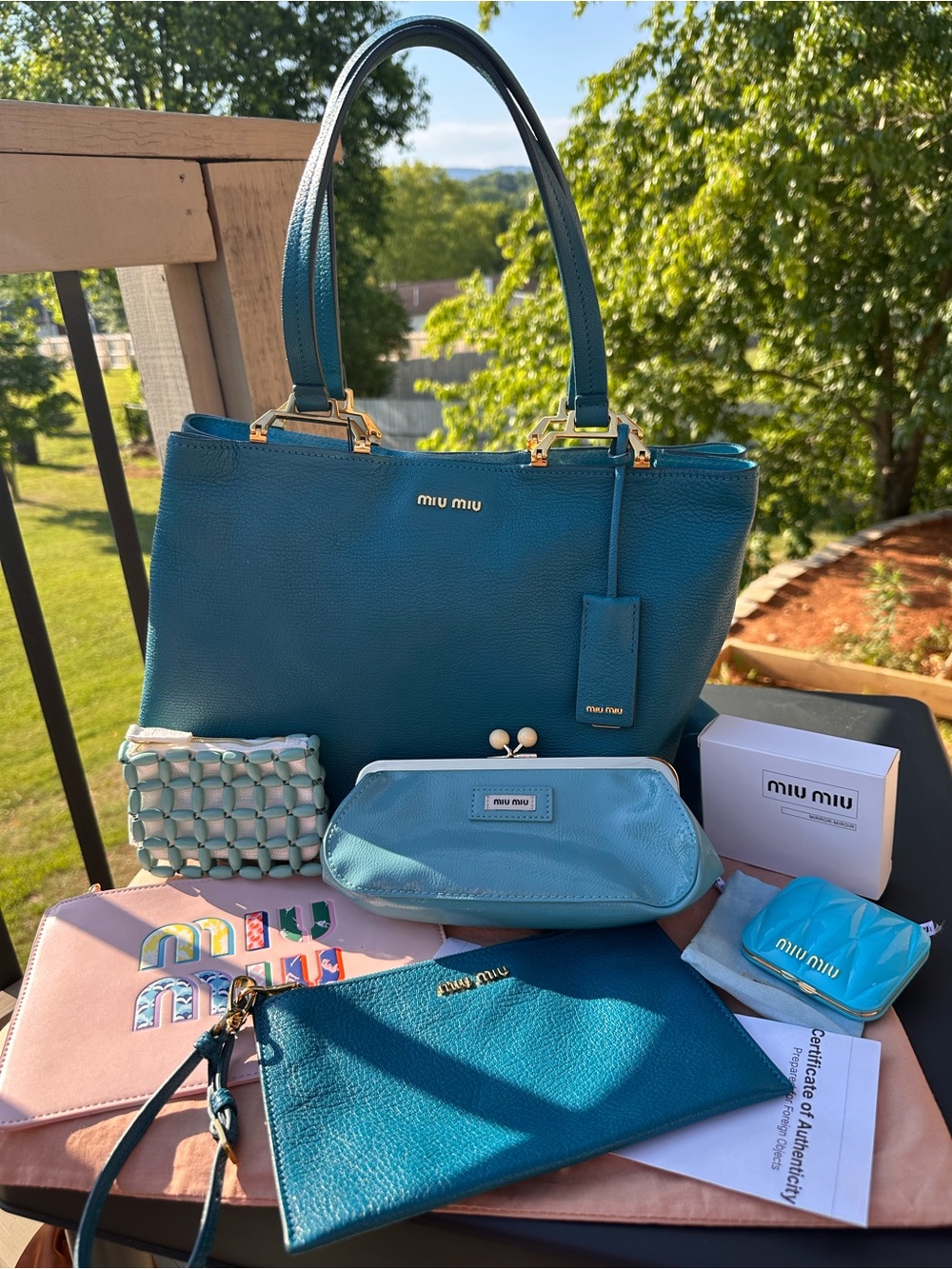 Miu Miu Teal Leather Tote with Matching Teal Accessories